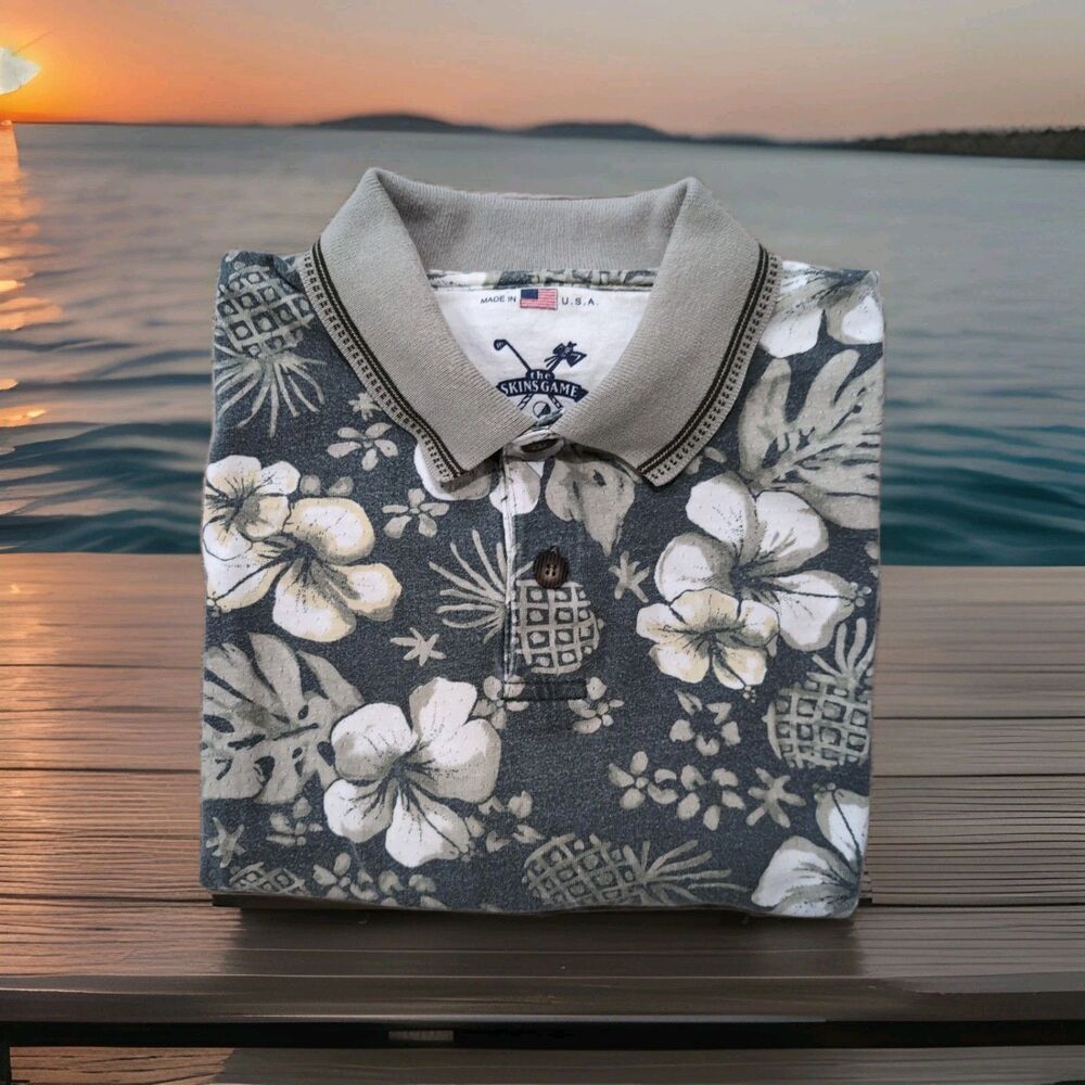 THE SKINS GAME QUALITY COTTON TROPICAL HAWAIIAN GOLF SHIRT MENS L-XL SEE PICS